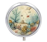 Pill Case Small Pill Box with Mirror 3 Compartment Round Pill Organizer for Purse Or Pocket Metal Medicine Holder, Pill Container Travel Gifts - Vintage Ocean Coastal Elements Painting