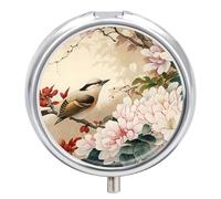 Pill Case Small Pill Box with Mirror 3 Compartment Round Pill Organizer for Purse Or Pocket Metal Medicine Holder, Pill Container Travel Gifts - Bird & Peony Chinese Meticulous Painting