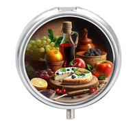 Pill Case Small Pill Box with Mirror 3 Compartment Round Pill Organizer for Purse Or Pocket Metal Medicine Holder, Pill Container Travel Gifts - Wine, Fruit & Pizza Foods Painting