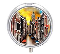 Pill Case Small Pill Box with Mirror 3 Compartment Round Pill Organizer for Purse Or Pocket Metal Medicine Holder, Pill Container Travel Gifts - Venice Italy Cityscape Painting