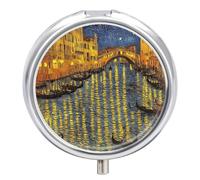 Pill Case Small Pill Box with Mirror 3 Compartment Round Pill Organizer for Purse Or Pocket Metal Medicine Holder, Pill Container Travel Gifts - Venice City Landscape Oil Painting