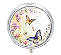Pill Case Small Pill Box with Mirror 3 Compartment Round Pill Organizer for Purse Or Pocket Metal Medicine Holder, Purple Flowers Pill Container Travel Gifts - Colorful Spring Butterfly