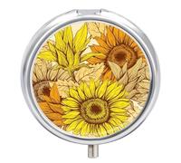 Pill Case Small Pill Box with Mirror 3 Compartment Round Pill Organizer for Purse Or Pocket Metal Medicine Holder, Pill Container Travel Gifts - Autumn Flower Yellow & Orange Sunflower
