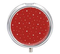 Pill Case Small Pill Box with Mirror 3 Compartment Round Pill Organizer for Purse Or Pocket Metal Medicine Holder, Pill Container Travel Gifts - Stars Red Background