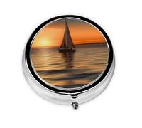 Pill Case Sunset Beach Sailboat Round Pill Box Daily 3 Compartment Travel Pill Container for Pocket Purse Portable Medicine Cod Liver Oil Storage Box 3 Times a Day Pill Organizer