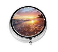 Pill Case Tropical Beach Sunset Round Pill Box Daily 3 Compartment Travel Pill Container for Pocket Purse Portable Medicine Cod Liver Oil Storage Box 3 Times a Day Pill Organizer