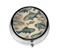 Pill Case Vintage Different Fish Round Pill Box Daily 3 Compartment Travel Pill Container for Pocket Purse Portable Medicine Cod Liver Oil Storage Box 3 Times a Day Pill Organizer
