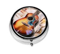 Pill Case Watercolor Acoustic Guitar Round Pill Box Daily 3 Compartment Travel Pill Container for Pocket Purse Portable Medicine Cod Liver Oil Storage Box 3 Times a Day Pill Organizer