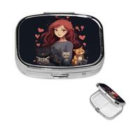 Pill Case with Mirror Retro 2 Compartment Pill Box A Girl who Loves Cats Small Pill Organizer for Purse or Pocket Decorative Metal Medicine Vitamin Organizer Unique Gifts