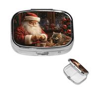 Pill Case with Mirror Retro 2 Compartment Pill Box Christmas Santa Claus Sewing Tree Cat Small Pill Organizer for Purse or Pocket Decorative Metal Medicine Vitamin Organizer Unique Gifts