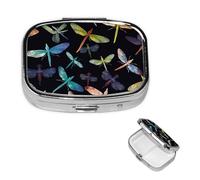 Pill Case with Mirror Retro 2 Compartment Pill Box Colorful Dragonfly Small Pill Organizer for Purse or Pocket Decorative Metal Medicine Vitamin Organizer Unique Gifts