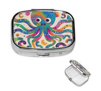 Pill Case with Mirror Retro 2 Compartment Pill Box Colorful Octopus Small Pill Organizer for Purse or Pocket Decorative Metal Medicine Vitamin Organizer Unique Gifts