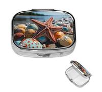 Pill Case with Mirror Retro 2 Compartment Pill Box Colorful Starfish on The Beach Small Pill Organizer for Purse or Pocket Decorative Metal Medicine Vitamin Organizer Unique Gifts