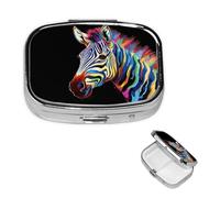 Pill Case with Mirror Retro 2 Compartment Pill Box Colorful Zebra on Black Background Small Pill Organizer for Purse or Pocket Decorative Metal Medicine Vitamin Organizer Unique Gifts
