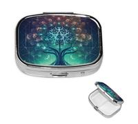 Pill Case with Mirror Retro 2 Compartment Pill Box Digital Futuristic Tree of Life Icon with Space Small Pill Organizer for Purse or Pocket Decorative Metal Medicine Vitamin Organizer Unique Gifts