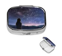 Pill Case with Mirror Retro 2 Compartment Pill Box Girl Looking at Stars Small Pill Organizer for Purse or Pocket Decorative Metal Medicine Vitamin Organizer Unique Gifts