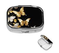 Pill Case with Mirror Retro 2 Compartment Pill Box Gold White Butterflies Black Small Pill Organizer for Purse or Pocket Decorative Metal Medicine Vitamin Organizer Unique Gifts