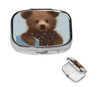 Pill Case with Mirror Retro 2 Compartment Pill Box Happy Bear Baby Small Pill Organizer for Purse or Pocket Decorative Metal Medicine Vitamin Organizer Unique Gifts