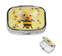 Pill Case with Mirror Retro 2 Compartment Pill Box Happy bee Small Pill Organizer for Purse or Pocket Decorative Metal Medicine Vitamin Organizer Unique Gifts