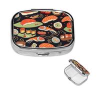 Pill Case with Mirror Retro 2 Compartment Pill Box Japanese Sushi Shrimp Small Pill Organizer for Purse or Pocket Decorative Metal Medicine Vitamin Organizer Unique Gifts