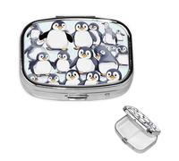 Pill Case with Mirror Retro 2 Compartment Pill Box Many Cute Baby Penguins Sketch Small Pill Organizer for Purse or Pocket Decorative Metal Medicine Vitamin Organizer Unique Gifts