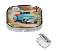 Pill Case with Mirror Retro 2 Compartment Pill Box Pickup Truck Small Pill Organizer for Purse or Pocket Decorative Metal Medicine Vitamin Organizer Unique Gifts