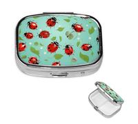 Pill Case with Mirror Retro 2 Compartment Pill Box Red Ladybugs On A Blue Background Small Pill Organizer for Purse or Pocket Decorative Metal Medicine Vitamin Organizer Unique Gifts