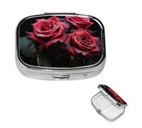 Pill Case with Mirror Retro 2 Compartment Pill Box Red Rose and Black Leaves Small Pill Organizer for Purse or Pocket Decorative Metal Medicine Vitamin Organizer Unique Gifts