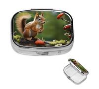 Pill Case with Mirror Retro 2 Compartment Pill Box Red Squirrel on Small Green Hill Small Pill Organizer for Purse or Pocket Decorative Metal Medicine Vitamin Organizer Unique Gifts