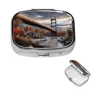 Pill Case with Mirror Retro 2 Compartment Pill Box Scenery Bridge Small Pill Organizer for Purse or Pocket Decorative Metal Medicine Vitamin Organizer Unique Gifts