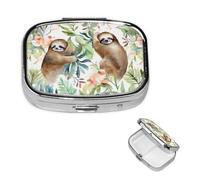 Pill Case with Mirror Retro 2 Compartment Pill Box Watercolor Sloth Small Pill Organizer for Purse or Pocket Decorative Metal Medicine Vitamin Organizer Unique Gifts