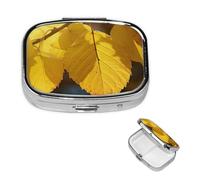 Pill Case with Mirror Retro 2 Compartment Pill Box Yellow Leaves Small Pill Organizer for Purse or Pocket Decorative Metal Medicine Vitamin Organizer Unique Gifts