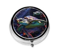 Pill Case with Mirror Retro 3 Compartment Pill Box A Colorful Tropical sea Turtle Small Pill Organizer for Purse or Pocket Decorative Metal Medicine Vitamin Organizer Unique Gifts