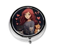 Pill Case with Mirror Retro 3 Compartment Pill Box A Girl who Loves Cats Small Pill Organizer for Purse or Pocket Decorative Metal Medicine Vitamin Organizer Unique Gifts