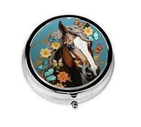 Pill Case with Mirror Retro 3 Compartment Pill Box A Horse with Flowers and Butterflies Small Pill Organizer for Purse or Pocket Decorative Metal Medicine Vitamin Organizer Unique Gifts