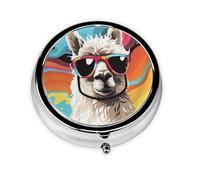 Pill Case with Mirror Retro 3 Compartment Pill Box Alpaca Wearing Sunglasses Small Pill Organizer for Purse or Pocket Decorative Metal Medicine Vitamin Organizer Unique Gifts