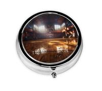 Pill Case with Mirror Retro 3 Compartment Pill Box Basketball Court Small Pill Organizer for Purse or Pocket Decorative Metal Medicine Vitamin Organizer Unique Gifts