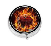 Pill Case with Mirror Retro 3 Compartment Pill Box Basketball Logo with Flames Small Pill Organizer for Purse or Pocket Decorative Metal Medicine Vitamin Organizer Unique Gifts