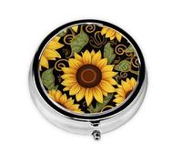 Pill Case with Mirror Retro 3 Compartment Pill Box Beautiful Sunflower Small Pill Organizer for Purse or Pocket Decorative Metal Medicine Vitamin Organizer Unique Gifts