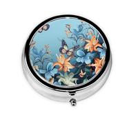 Pill Case with Mirror Retro 3 Compartment Pill Box Blue Butterfly Floral Small Pill Organizer for Purse or Pocket Decorative Metal Medicine Vitamin Organizer Unique Gifts