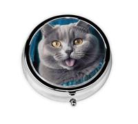 Pill Case with Mirror Retro 3 Compartment Pill Box Blue cat Sticking Out Tongue Small Pill Organizer for Purse or Pocket Decorative Metal Medicine Vitamin Organizer Unique Gifts