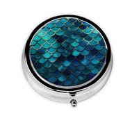 Pill Case with Mirror Retro 3 Compartment Pill Box Blue Fish Scale Pattern Small Pill Organizer for Purse or Pocket Decorative Metal Medicine Vitamin Organizer Unique Gifts