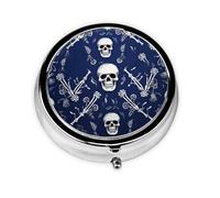Pill Case with Mirror Retro 3 Compartment Pill Box Blue Skull and Bones Small Pill Organizer for Purse or Pocket Decorative Metal Medicine Vitamin Organizer Unique Gifts