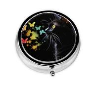Pill Case with Mirror Retro 3 Compartment Pill Box Cat and Butterfly on Black Background Small Pill Organizer for Purse or Pocket Decorative Metal Medicine Vitamin Organizer Unique Gifts