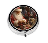 Pill Case with Mirror Retro 3 Compartment Pill Box Christmas Santa Claus Sewing Tree Cat Small Pill Organizer for Purse or Pocket Decorative Metal Medicine Vitamin Organizer Unique Gifts