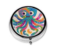 Pill Case with Mirror Retro 3 Compartment Pill Box Colorful Octopus Small Pill Organizer for Purse or Pocket Decorative Metal Medicine Vitamin Organizer Unique Gifts