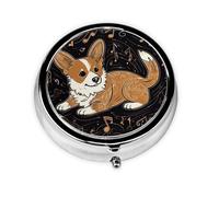 Pill Case with Mirror Retro 3 Compartment Pill Box Corgi who Loves Music Small Pill Organizer for Purse or Pocket Decorative Metal Medicine Vitamin Organizer Unique Gifts