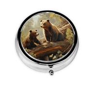 Pill Case with Mirror Retro 3 Compartment Pill Box Cute Bears Play in The Tree Small Pill Organizer for Purse or Pocket Decorative Metal Medicine Vitamin Organizer Unique Gifts
