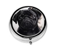 Pill Case with Mirror Retro 3 Compartment Pill Box Cute Black Pug Dog Small Pill Organizer for Purse or Pocket Decorative Metal Medicine Vitamin Organizer Unique Gifts