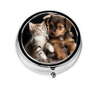 Pill Case with Mirror Retro 3 Compartment Pill Box Cute Cats and Dogs Playing Small Pill Organizer for Purse or Pocket Decorative Metal Medicine Vitamin Organizer Unique Gifts